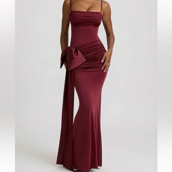 Oh Polly Bow-Detail Ruched Maxi Dress in Wine - Picture 2 of 7